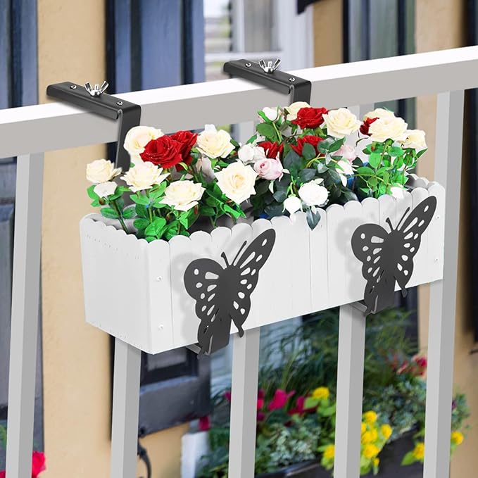 Planter Box Bracket, Adjustable Hang Window Box Holder with Butterfly, Hanging Flower Pot Stand Brackets for Outdoor Patio Garden Fence Pergola Balcony Supporting Heavy Planters-4Pack VIVIKEN