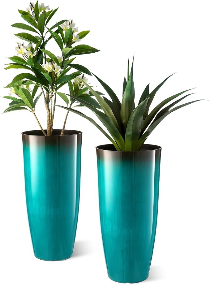 Glitzhome 30" H Tall Outdoor Planter, Set of 2 Large Tall Planters with Gradient Turquoise Faux Ceramic Finish, Plastic Large Flower Pots for Porch Garden Indoor All Season Decor,with Drainage Holes Glitzhome