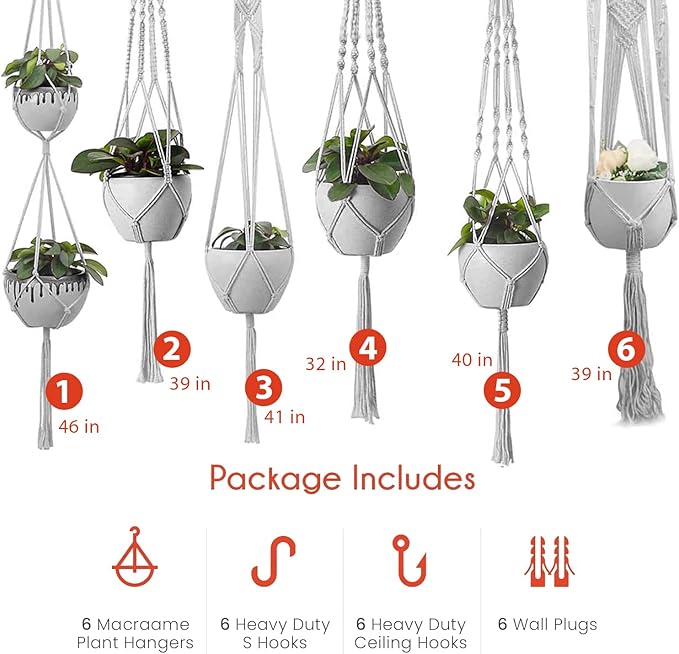 Plant Hanger Indoor, Macrame Plant Hangers Indoor Macrame Hanging Planters for Indoor Plants - 6 Pack Hanging Plant Holders Indoor Hanging, Macromay Plant Hangers for Indoor Plant Hanger,Gray Feedee