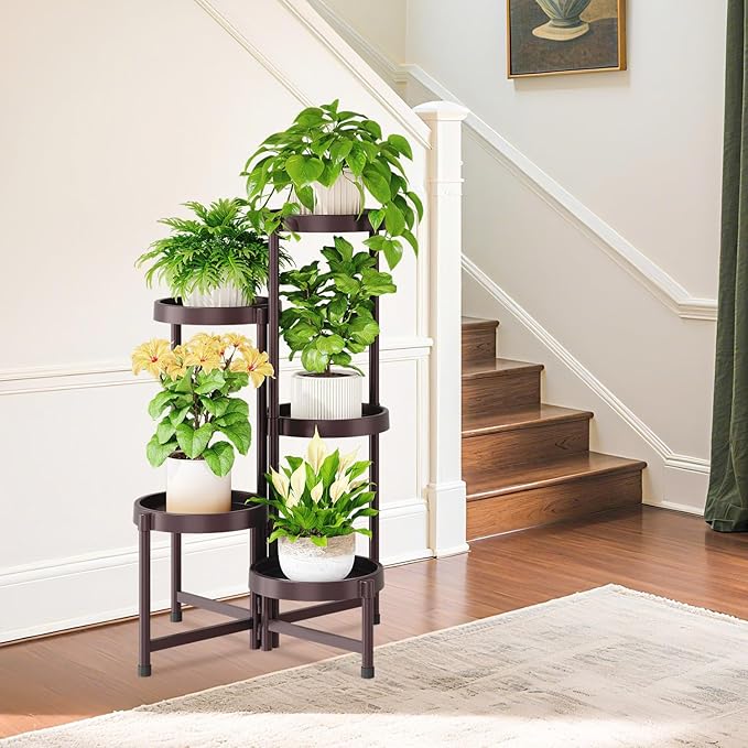 iDavosic.ly 5 Tier Folding Plant Stand Indoor Outdoor with Plastic Tray, Tiered Corner Flower Holder Shelf, Metal Orchid Display Rack for Patio Porch Living Room Garden Balcony, Bronze iDavosicly