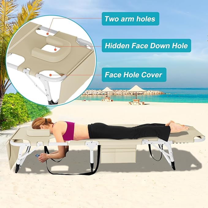 ABORON Sun Tanning Chair, 3 in 1 5 Positions Adjustable Heavy Duty Folding Chaise Lounge Chairs, Oversized with Mat/Pillow/Face Arm Hole, for Beach Pool Lawn Yard Patio ABORON