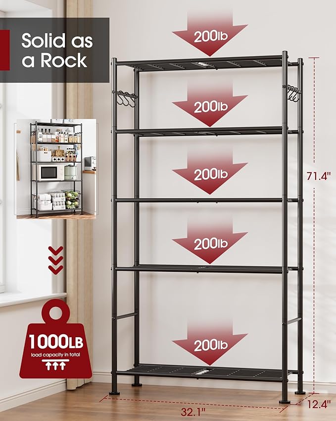 Storage Shelves - 5-Tier Large Capacity Shelf Organizer with Hooks, Heavy-Duty Garage Shelving with Leveling Feet, Wobble-Free Rack for Bedroom, Balcony, Garage, 32.1"×12.4"×71.4", Black Sakugi