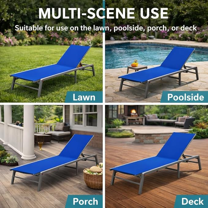 Kozyard Outdoor Foldable Lounge Chair, Aluminum Frame Patio Lounger with 5-Position Adjustable Backrest, Breathable Textilene Fabric, Assemble-Free, Reclining Full-Flat Poolside(Blue) Kozyard