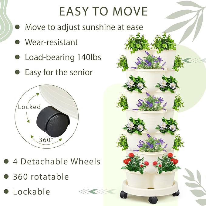 Umigy 2 Set Ivory 2 Set of 7 Tier Stackable Vertical Planters with Removable Wheels and Tools Tower Planters Strawberry Herb Flower Vegetable Pots Indoor Outdoor Gardening Pots Umigy