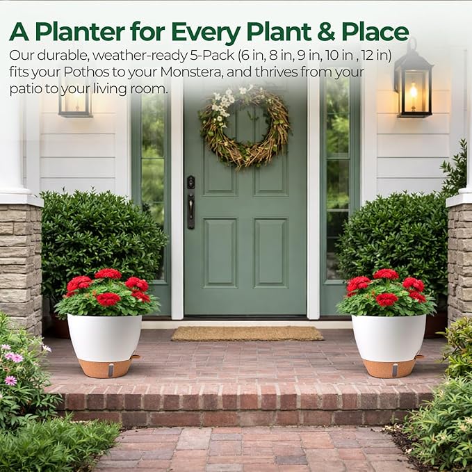 T4U 5 Pack Self Watering Pots (6"+8"+9"+10"+12") - Water Level Indicator & Deep Reservoir, Mess-Free Planters for Busy People, Beginners & Gardeners, Fit Most Plants, Indoor Outdoor Use (White) T4U