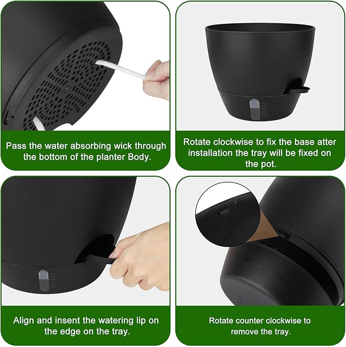 Self-Watering Plant Pots with Water Level Indicator, Drainage Holes & Saucers โ 12/10/9 Inch Large Plastic Planter Set for Indoor & Outdoor Plants (Pure Black) QRRICA