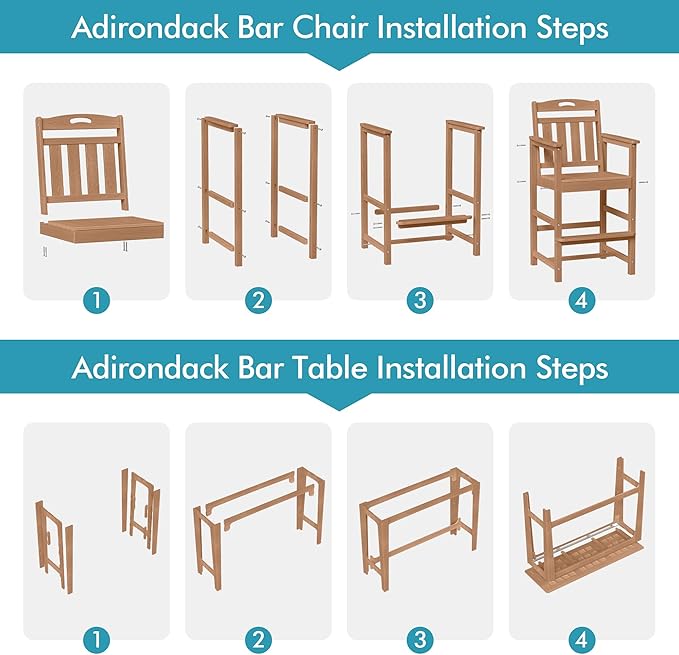 Ciokea 3 Pcs Outdoor Bar Height Table Set, 60" Extra Long Rectangle High Top Table and 2 Oversized Adirondack Chairs Set, Heavy-Duty All-Weather HDPE Patio Bar Set for Backyard Balcony Deck, Teak CIOKEA