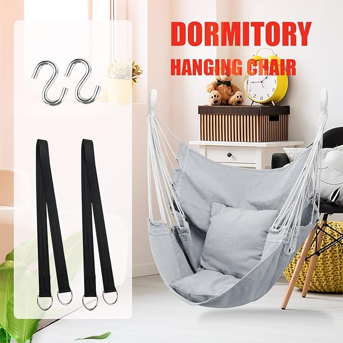 Hommtina Hammock Chair Hanging Rope Swing, Max 300 Lbs Hanging Chair with Pocket & Durability Perfect for Outdoor, Home, Bedroom, Patio, Yard (Pillows NOT Included,Light Grey) Hommtina