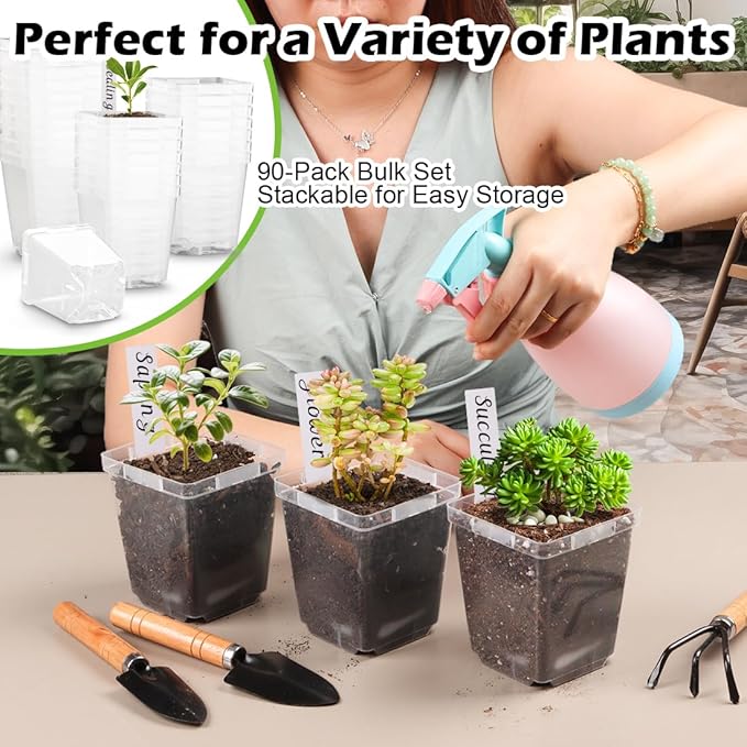 3.3 Inch Clear Nursery Pots with Drainage,90 Pack Square Seedling Pots with Plant Lables,Reusable Seed Starter Pots for Succulents Transplanting Herbs Flowers Tomato Windowsill Gardening RooTrimmer