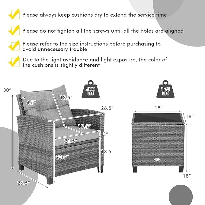 Tangkula 3 Pieces Patio Furniture Set, Outdoor PE Rattan Conversation Chair Set with Tempered Glass Side Table and Removable Cushions, PE Wicker Chairs and Table Set for Porch, Balcony and Garden TANGKULA