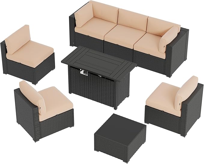 Aoxun 8 Piece Patio Furniture Set with 44” Fire Pit Table Wicker Rattan Patio Sectional Sofa Set Outdoor Seating Furniture with Thickened Cushion, Beige Aoxun