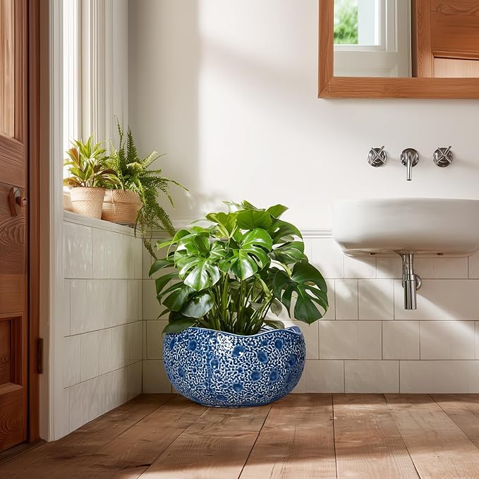 Bonsai Tree Pot - 13 Inch Large Ceramic Pots for Plants Indoor Outdoor, Round Planter, Decorative Flower Pot with Drainage Hole, Modern Unique Planter, Garden Decor Home, Garden Gifts, Blue Thirtypot