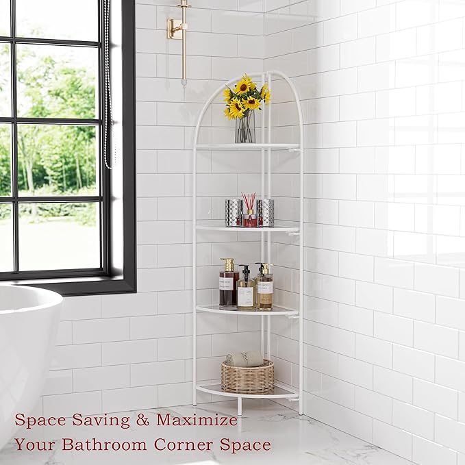 Crofy Foldable 4 Tier Corner Shelf, Metal Corner Plant Stand with White Frame and Transparent Shelves, Corner Display Rack Multipurpose Shelving Unit for Living Room, Bedroom, Bathroom CrofyLLC