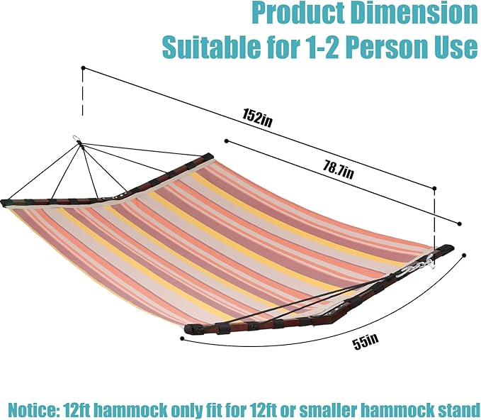 TegerDeger 12FT 2 Person Hammock Large Hammock Quick Dry 450LB Capacity with V Shaped Hardwood Spreader Bar & Nylon Rope for Outside, Patio, Garden, Backyard, Beach, Poolside - Coral Red Stripes Tegerdeger