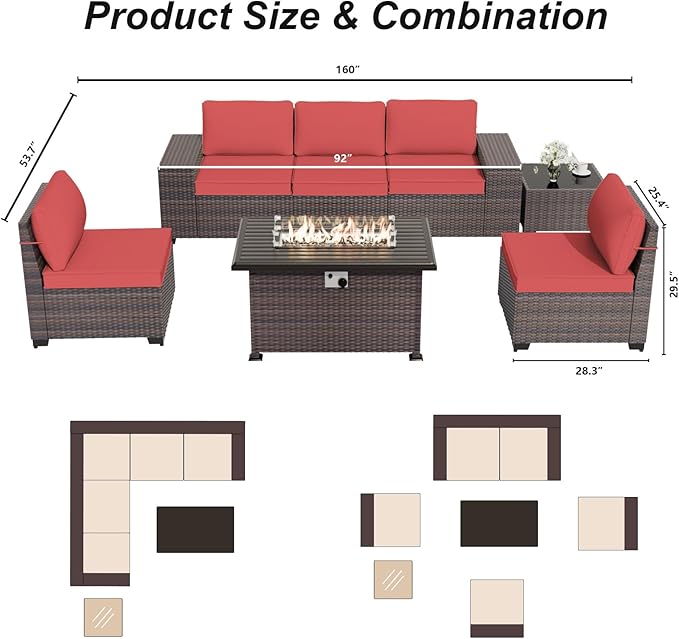 ALAULM 7 Pieces Patio Furniture Set with Fire Pit Table 55000BTU, Oversized Seat/Armrest and High Back Wicker Conversation Set with Thick Cushion for Backyard, Garden, (Red) ALAULM