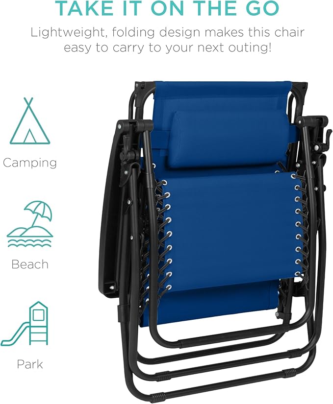 Best Choice Products 30” Wide Folding Zero Gravity Outdoor Recliner Patio Lounge Chair w/Adjustable Canopy Shade, Headrest, Side Accessory Tray - Marine BestChoiceProducts
