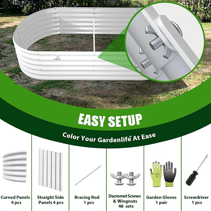 A ANLEOLIFE 6X2X1.5 ft Galvanized Raised Garden Beds Outdoor, Oval Round Metal Planter Box for Planting Vegetables Flowers Herb, Anti-Rust & Easy-Setup, Antique White AAnleolife