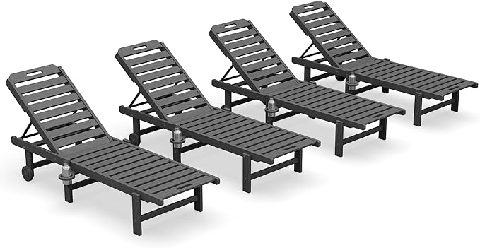 SERWALL Outdoor Chaise Lounge Set of 4, 78" Patio Lounge Chair with 5 Positions Adjustable Backrest, HDPE Lounger with Rolling Wheels & Cup Holder for Poolside, Beach, Garden, Grey SERWALL