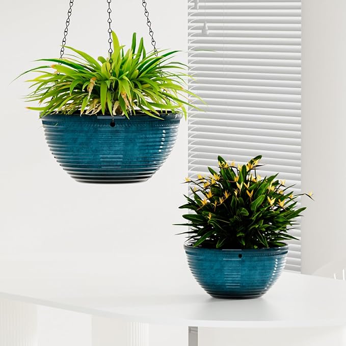2 Pack Hanging Planters for Indoor Outdoor Plants, 10 Inch Hanging Planter with Drainage Hole & Plug Glazed Hanging Baskets Flower Pots for Garden Home (Blue) Vanslogreen