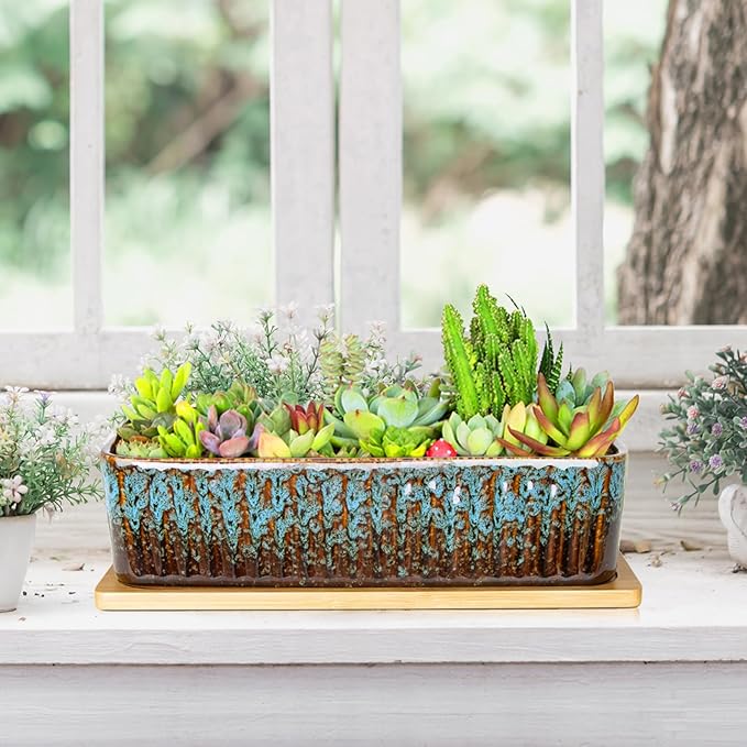 Succulent Pots - 12 Inch Large Succulent Planters with Drainage Tray, Window Sill Planter, Long Rectangle Ceramic Pots for Indoor Cactus Plants Shallow Bonsai Window Box for Home Garden Decor ARTKETTY