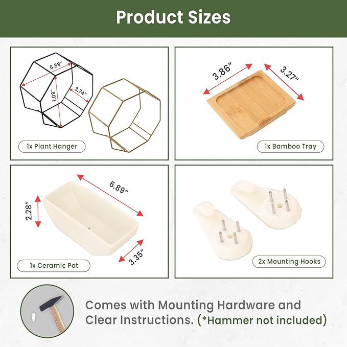 IRYL Wall Planter for Indoor Plants - Ceramic Wall Hanging Planter Set with Bamboo Tray & Hooks - Decorative Wall Plant Holder - Modern Wall Planters for Vertical Garden Home Decor - Golden Rootora