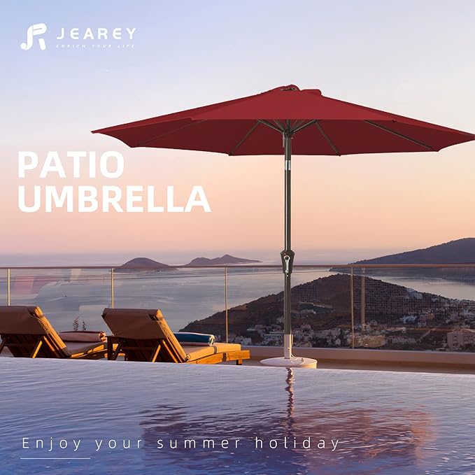 JEAREY 9FT Outdoor Patio Umbrella Outdoor Table Umbrella with Push Button Tilt and Crank, Market Umbrella 8 Sturdy Ribs UV Protection Waterproof for Garden, Deck, Backyard, Pool (Red) JEAREYOutdoorsCollection
