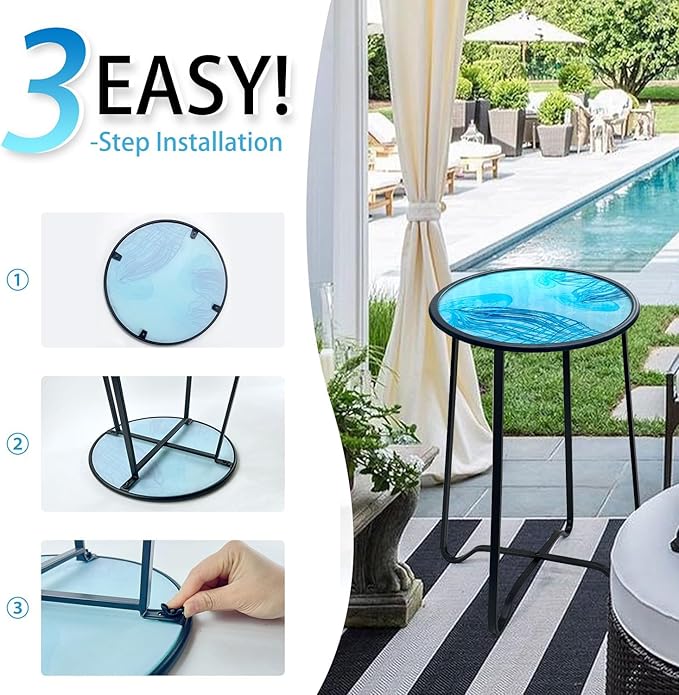 LIFFY Outdoor Side Table,14" Indoor Outdoor Round Glass Tabletop Accent Table with Metal Frame, Decorative Plant Stand & End Table for Home, Patio, Garden LiffyArt
