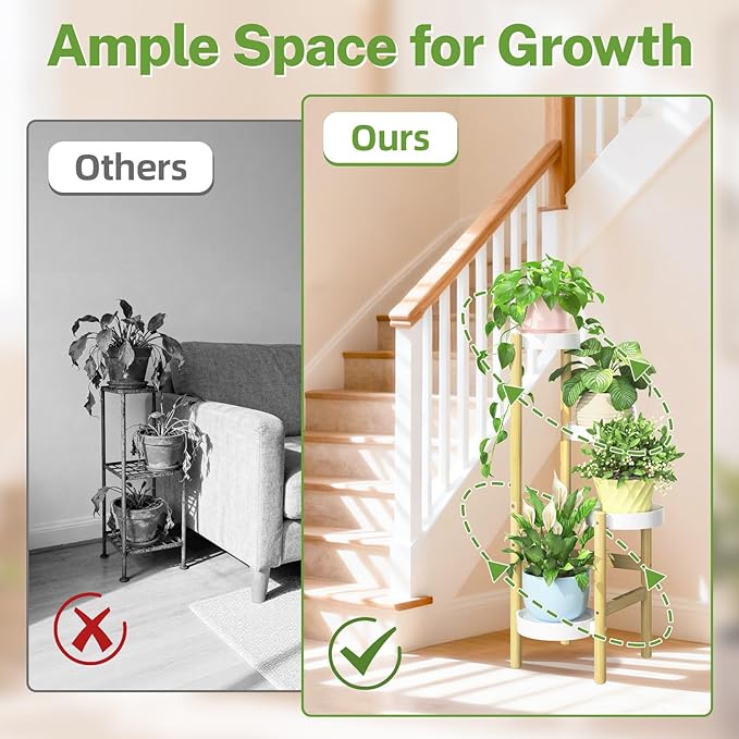 iDavosic.ly 4 Tier Bamboo Plant Stand Indoor Outdoor with Plastic Tray, Tiered Corner Flower Holder Shelf, Space Saving Orchid Display Rack for Patio Porch Living Room Garden Balcony, Natural White iDavosicly