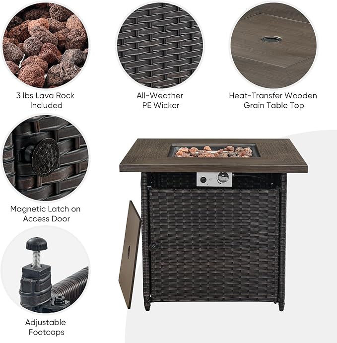 Belord 5 Pieces Wicker Patio Furniture Set: 4 Outdoor Club Chairs Patio Conversation Set with 50000BTU Propane Fire Pit Table, All Weather Grey Rattan Anti-Rust Frame, Brown Cushion Belord