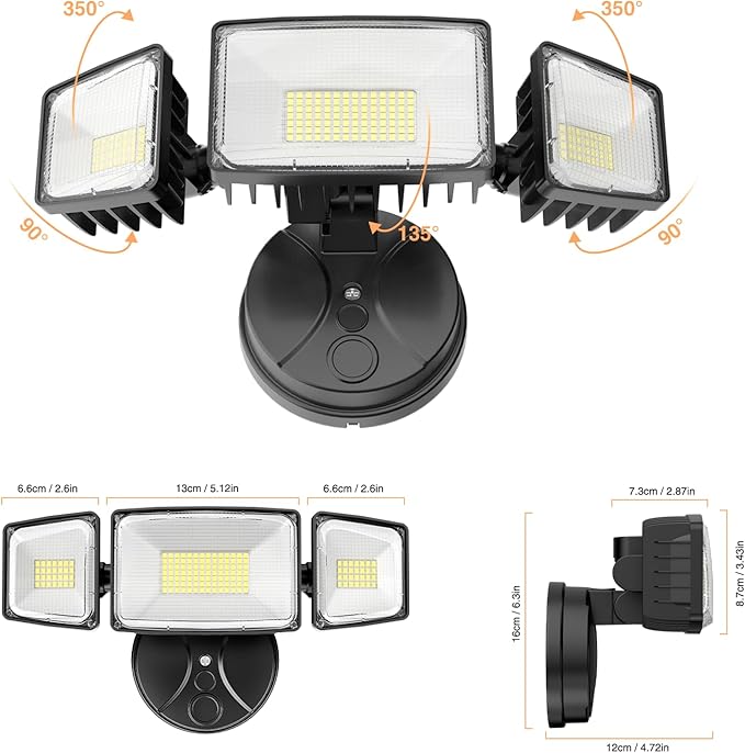 Onforu 100W 11000LM Flood Lights Outdoor, Brightness Security LED Flood Lights with 3 Adjustable Heads, Switch Controlled, IP65 Waterproof 6500K Outside Exterior Flood Light for Yard Garage Eave Patio Onforu
