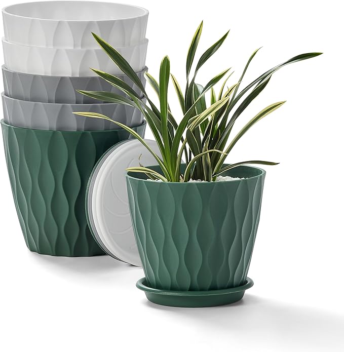 FaithLand 6-Pack 6-Inch Plastic Plant Pots with Saucers | Thickened PP Material, Modern Wave Texture, Enhanced Drainage for Indoor/Outdoor Garden Plants | Tricolor Value Set FaithLand
