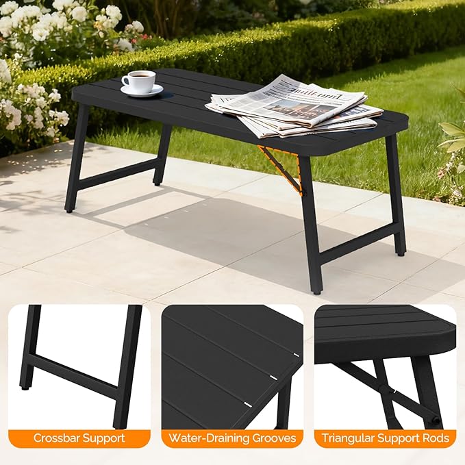 VINGLI Outdoor Folding Coffee Table, Rectangle Drainable Iron Patio Table for Balcony, Porch, and Living Room, Black VINGLI