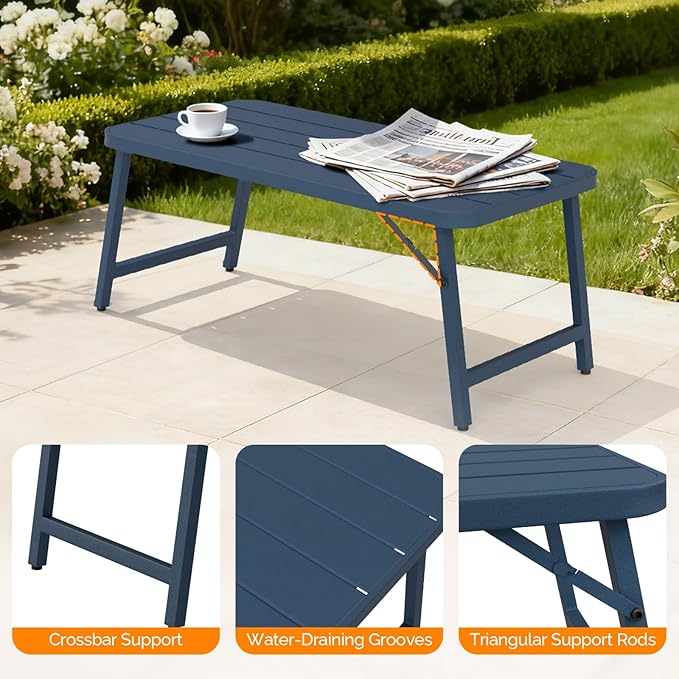 VINGLI Outdoor Folding Coffee Table, Rectangle Drainable Iron Patio Table for Balcony, Porch, and Living Room, Blue VINGLI