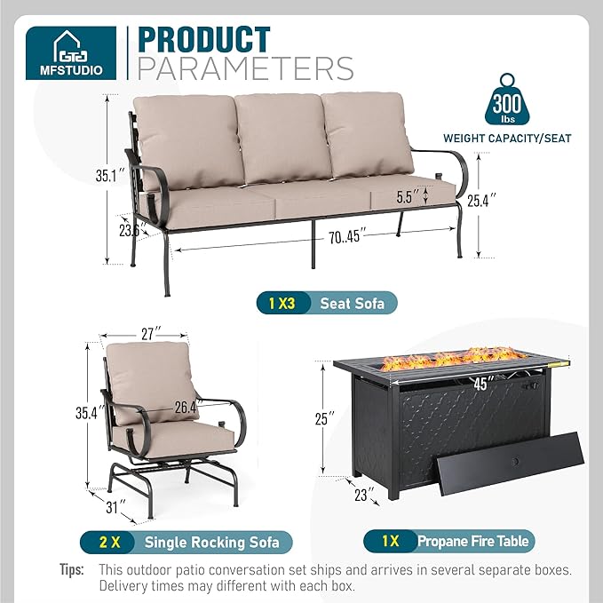MFSTUDIO 5 Seats Large Metal Patio Conversation Sets, 4 Pieces Outdoor Sectional Furniture Sofa with 2 x Motion Chairs, 1 x 3-seat Sofa and 1 x 45 inches Rectangular Propane Fire Pit Table MFSTUDIO