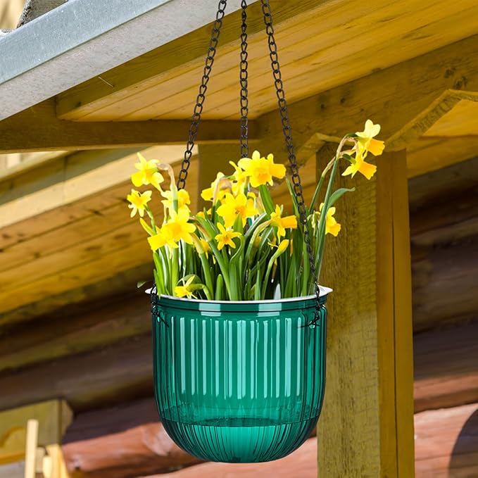 Maxcheck 4 Pcs Self Watering Hanging Planters Indoor Gift 6.5'' 4.5'' Hanging Flower Pots Baskets Outdoor Self Watering Plant with 3hooks Drainage Holes for Home(Emerald,Clear) Maxcheck