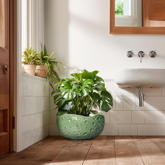 Ceramic Pots for Plants - 13 Inch Large Bonsai Pots Indoor Outdoor, Round Plant Pot with Drainage Hole, Decorative Flower Pot, Modern Unique Planters, Patio Decor, Plant Lover Gifts, Green Thirtypot