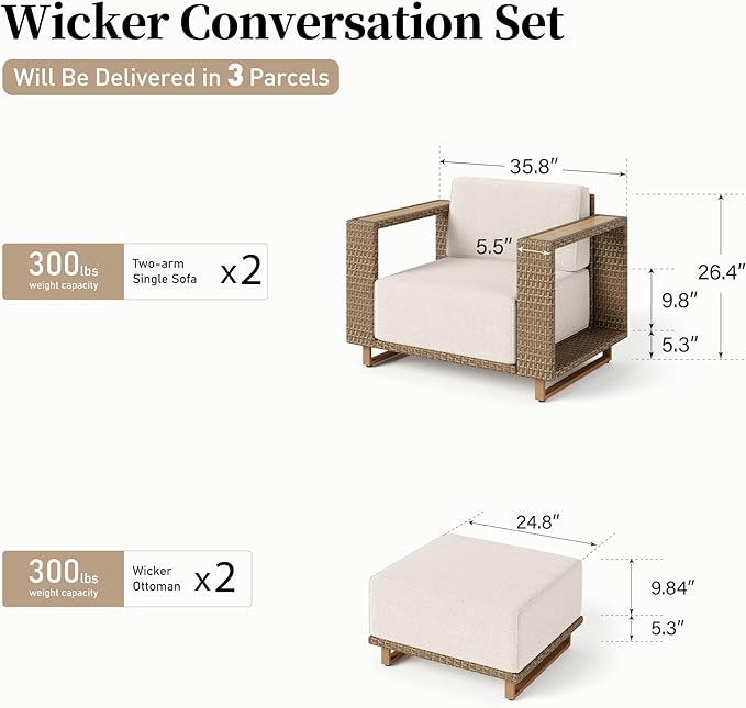 2 Pieces Patio Furniture Set,Outdoor Rattan Wicker Armchirs and Ottomans with 10''Ultra-Thick Cushions,All Weather Patio Conversation Set for Lawn Garden Backyard,Beige SUNSHINEVALLEY