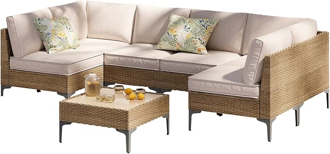 7-Piece Patio Furniture Set, Outdoor Wicker Sectional Sofa with Coffee Table, Anti-Slip & Thick All-Weather Cushions for Party,Garden,Backyard, Beige OutdoorPatioFurnitureSet