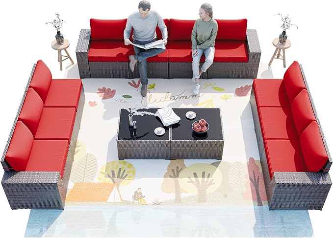 ALAULM 12 Pieces Outdoor Patio Furniture Set Sectional Sofa Sets Brown PE Rattan Patio Conversation Set w/10 Rose Red Seat Cushions and 2 Coffee Tables ALAULM