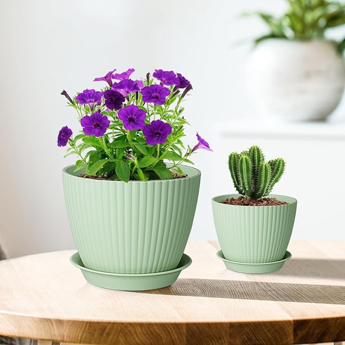7/6.2/5.5/5/4.5/4 inch Plant Pots, 6 Pack Flower Pots for Small Indoor Outdoor Plants, Plastic Planters with Drainage Holes and Saucers for Garden Succulent House Plants, Green Meowell