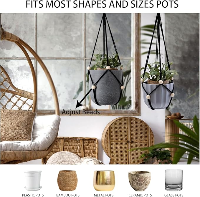 Artilady Black Hanging Planter for Indoor Plants Macrame Plant Hanger Large Hanging Plant Holder Basket with Adjustable Beads Outdoor Window Boho Plant Wall Decor (Black Bead-2pcs) Artilady