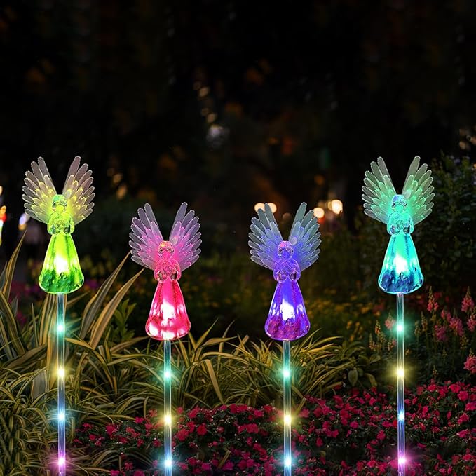 4 Pack Solar Angel Lights Outdoor Decor, Decorative Color Changing Waterproof LED Angel Stake Lights for Cemetery Grave Garden Patio Yard Art Lawn Decoration, Grave Markers, Memorial Gifts XKYQSY
