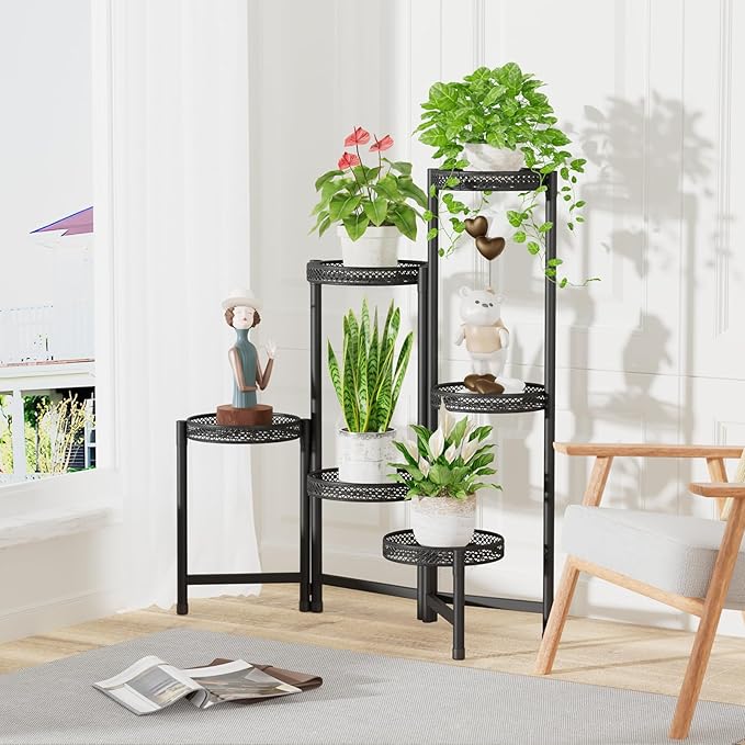 iDavosic.ly Plant Stand Indoor Outdoor, 6 Tier Corner Metal Flower Display Holder Shelf, Folding Tall Orchid Rack for Patio Balcony Porch Garden Living Room House, Wrought Iron - Modern Black iDavosicly