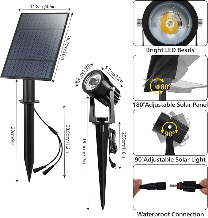 T-SUN Solar Spotlights 2W Outdoor LED Landscape Spot Light, 2-in-1 Waterproof Solar Powered Wall Lights Auto ON/Off with Dual Headlamp for Garden, Yard, Pathway(Warm White) T-SUN