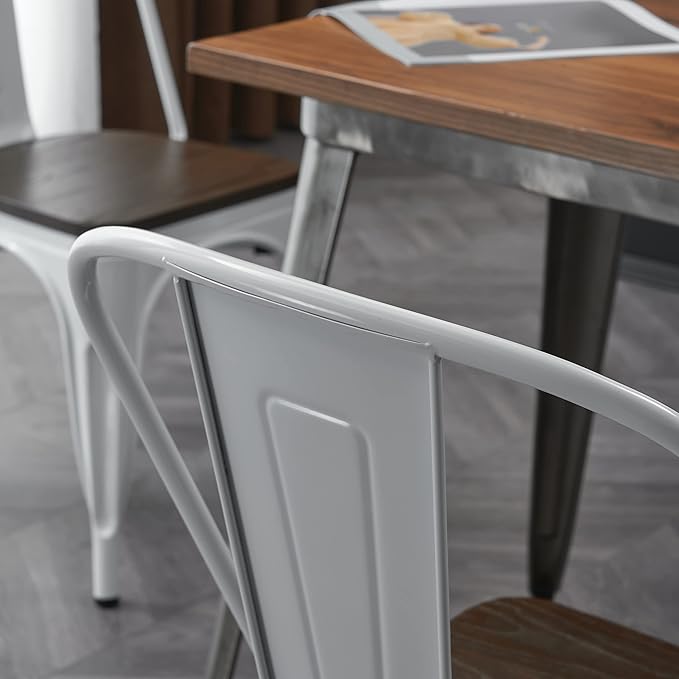 Nazhura Metal Dining Chair Farmhouse Tolix Style for Kitchen Dining Room Café Restaurant Bistro Patio, 18 Inch, Stackable, Waterproof Indoor/Outdoor (Sets of 4) (White with Wood Padding) NazhuraGoodCompanionAtHome