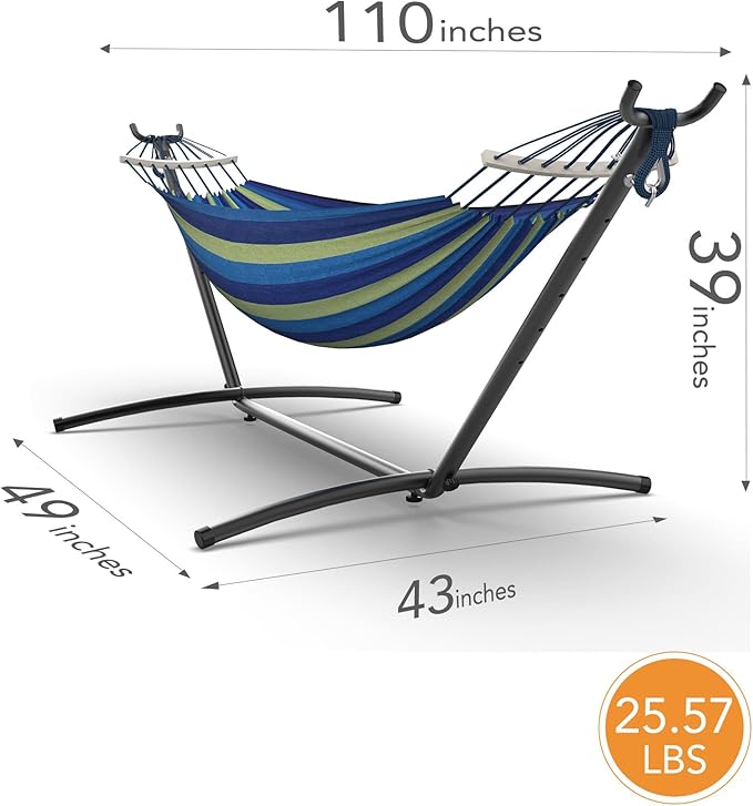 Double Hammock with Space-Saving Steel Stand, 2 Person Heavy-Duty Hammock for Garden, Yard or Outdoor, 600lbs Capacity, Wide Blue Rootora