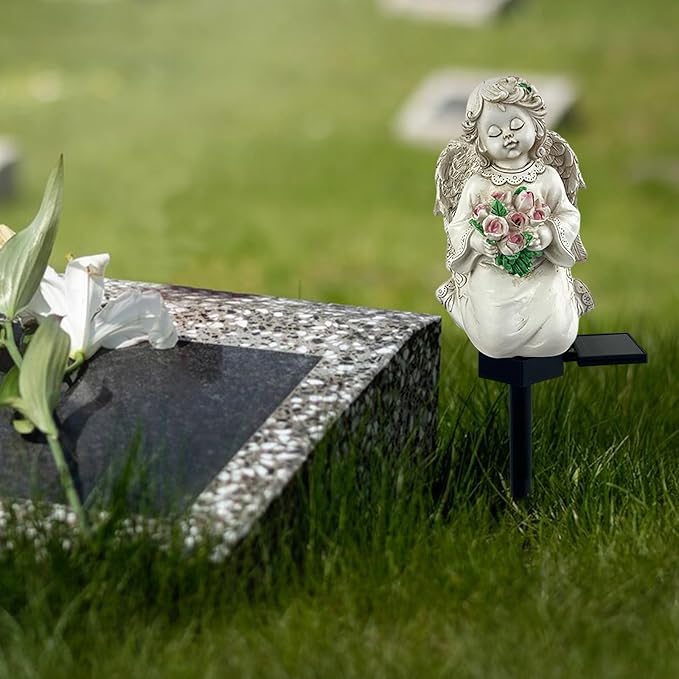 Solar Garden Angel Lights, Waterproof Outdoor Garden Angels Statue Decorations Solar Lights for Cemetery Gravesite Grave Outside Yard Patio Lawn Porch (Flower) LAIAMER