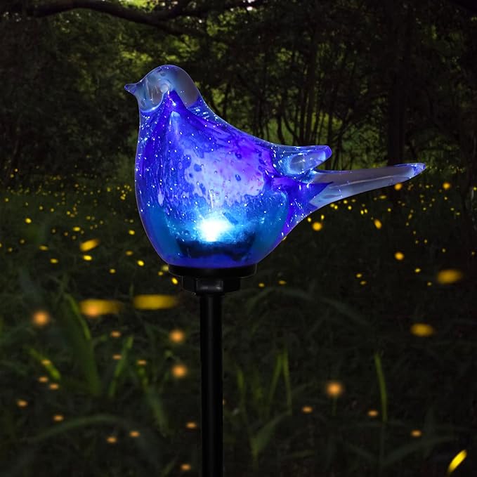 Afirst Solar Bluebird Garden Stake Lights - Hand Blown Glass Decorative Garden Pathway Lights Outdoor Waterproof Bird Glass Stakes Afirst