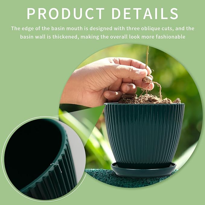 Plant Pots Indoor with Saucers & Drainage - 6 Pack Flower Pots - Plastic Planters for Indoor Planter - 7.5/6.6/5.8/5.0/4.3/3.5 inches Sizes for All Different Types of Plants-Dark Green Vodotion