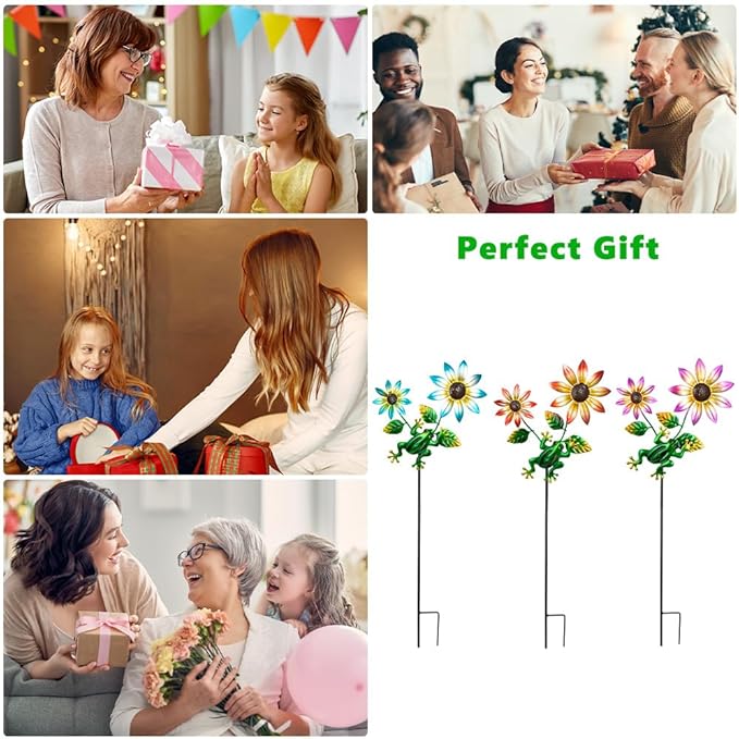 3 Pack Frog&Flowers Garden Stakes Decor,Metal Yard Art Decorative Garden Stakes,Metal Flowers Spring Outdoor Decor for Mom,Women,Grandma SATHGA